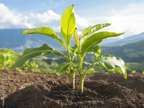 Young plant growing in fertile soil under sunlight.