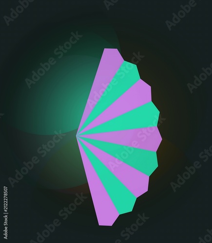 Abstract circular fan shape with green and purple stripes on dark background