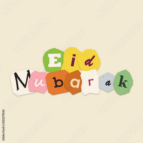 Eid mubarak text made from colorful paper cut out letters on a light background