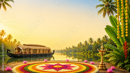 Kerala backwaters with traditional houseboat, floral pookalam and festive Onam decorations with copy space	