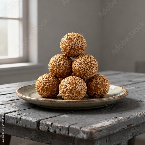 Stacked sesame-coated dessert balls on a rustic plate by the window

