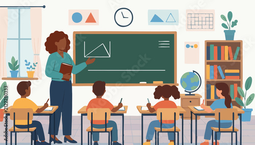 Принти на полотні Teacher instructing diverse students in a bright elementary school classroom