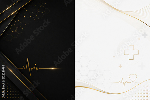 Luxury medical background template set with elegant black geometric layer and white gold healthcare heart pulse design