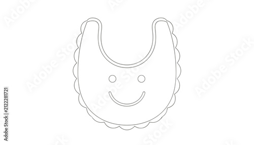 Simple line art illustration of a baby bib with a cute smiley face outline isolated on a pure white background.