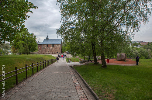 Kolozha Park with a view of the St. Boris and Gleb Church and the Memorial Stone to David Gorodensky. Grodno, Republic of Belarus