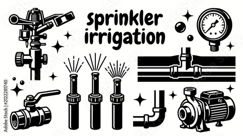 sprinkler irrigation equipment featuring rotary sprinklers spray heads control valves underground pipes water pumps pressure gauges and irrigation controllers agriculture landscaping and turf