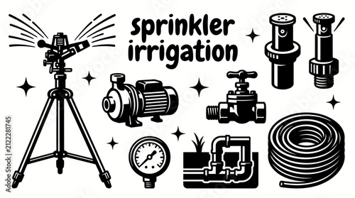 sprinkler irrigation equipment featuring rotary sprinklers spray heads control valves underground pipes water pumps pressure gauges and irrigation controllers agriculture landscaping and turf