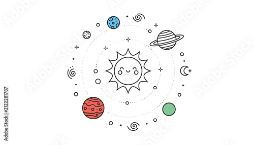 Whimsical children illustration of solar system featuring a happy sun with cute smiling face and colorful orbiting planets.