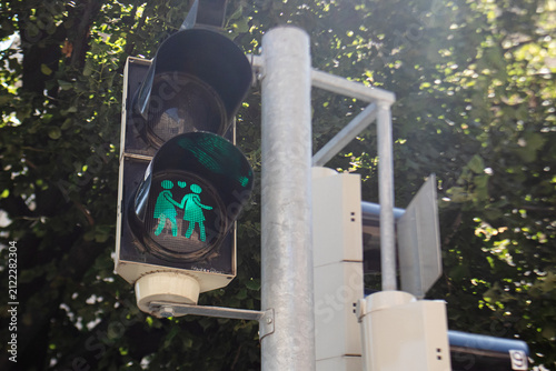 Famoso semaforo pedonale inclusivo a Vienna con l'icona verde di una coppia LGBTQ+ che si tiene per mano sormontata da un cuore, simbolo di tolleranza e diversità