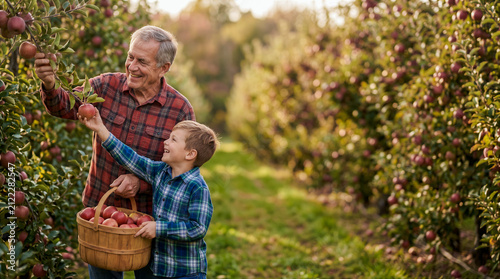 Autumn and apple harvest season in the orchard, an American grandfather in his seventies and his grandson picking apples in a wicker basket, copy space about the autumn season and the equinox