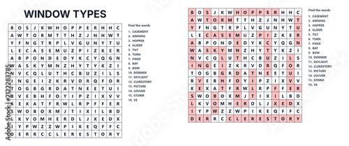 Window types word search puzzle with highlighted answers  