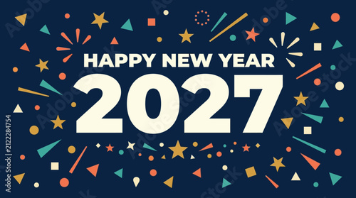 A festive graphic design celebrating the arrival of a new calendar year