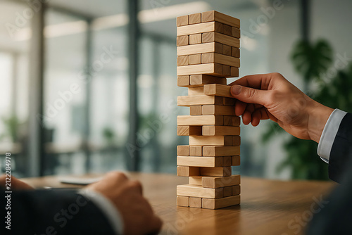 Hand placing wooden block on unsteady tower during business meeting with soft office light