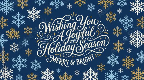 A festive holiday greeting card design featuring elegant snowflakes on a dark blue background