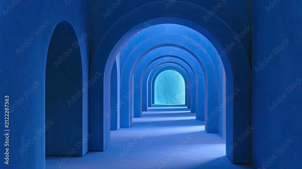 Naklejka premium Endless blue arched hallway with soft glow at the end