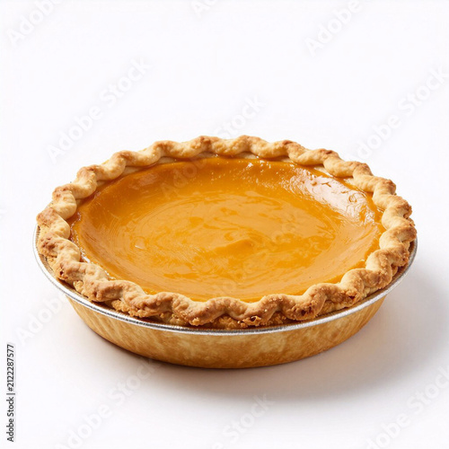Pumpkin pie in round crust on white background  