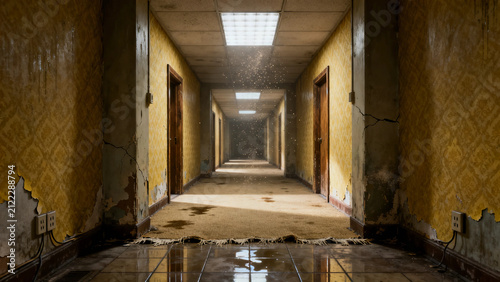 Abandoned liminal interior with eerie atmosphere, urban decay, and unsettling analog horror mood.