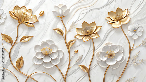Exquisite 3D gold and white floral relief art on marble texture