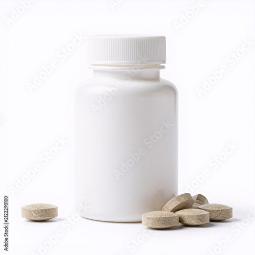 White bottle of dietary supplements with tablets on white background  