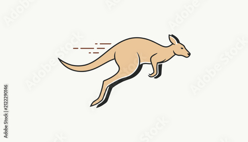 Stylized cartoon illustration of a fast jumping kangaroo animal with movement lines on a light beige background.