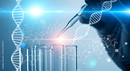DNA strands and chemical formulas with a pipette in a laboratory setting