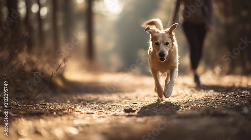 Golden retriever dog running happily along a sunlit dirt path in the forest