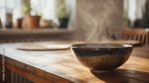 Steaming hot soup bowl on a rustic wooden dining table inside a cozy home kitchen room