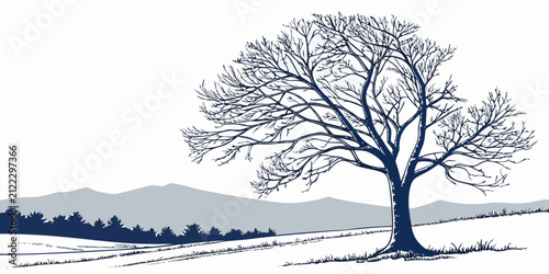 Принти на полотні Solitary pine tree standing on a sandy beach with calm ocean and distant mountai