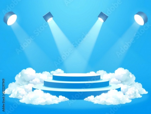 Illuminated stage podium surrounded by clouds under blue spotlights