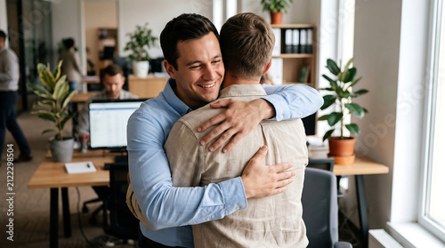 Two professional male colleagues sharing a friendly hug in a modern office environment during a break