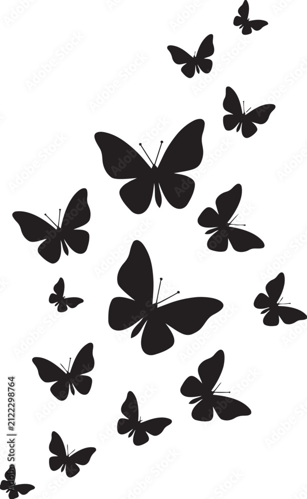 Obraz premium A group of black butterfly silhouettes flying upwards a minimalist vector design element perfect for decorative projects or symbolizing freedom