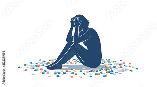 Depressed silhouette of person sitting holding head surrounded by pills vector illustration of mental health and drug addiction
