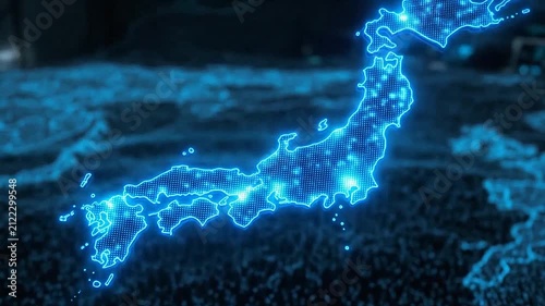 A glowing digital map of an island nation in blue light