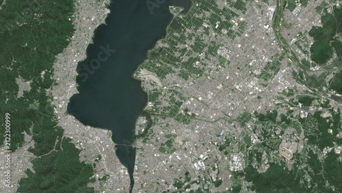 Top-down aerial 3D illustration of Otsu, Japan
