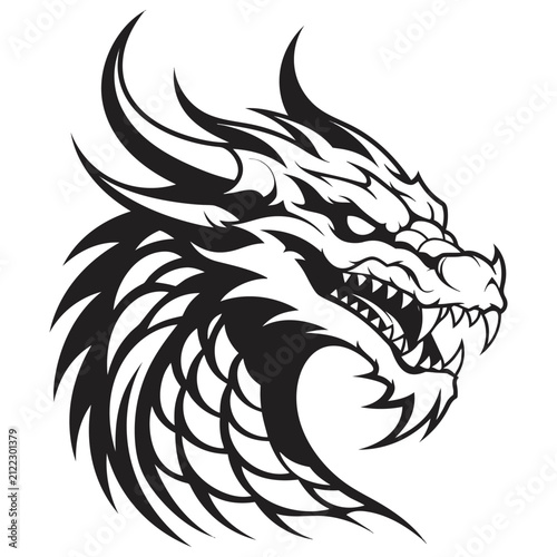 Powerful Black Dragon Head Vector Illustration for Logo and Tattoo Design