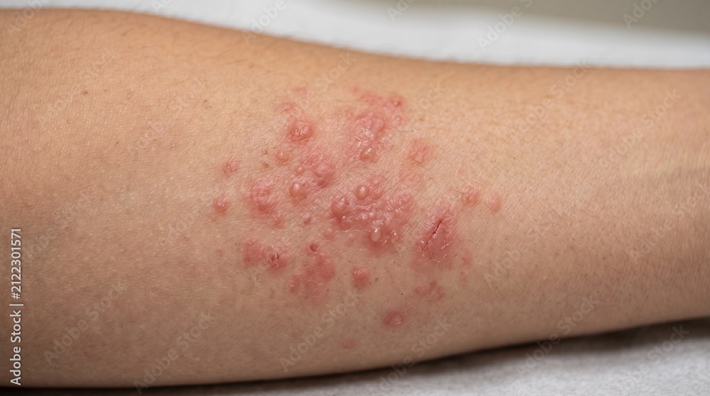 Fototapeta premium Close up of red rash on human skin.