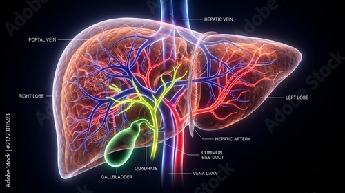 Detailed 3D Render of Human Liver Anatomy and Blood Vessels.