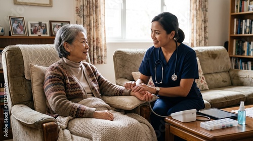 Elderly woman receiving compassionate home healthcare visit.
