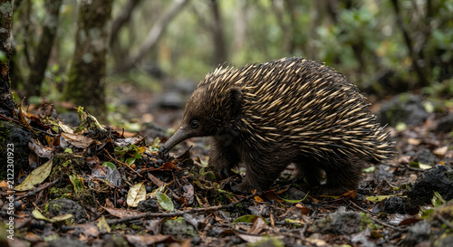 Echidna foraging on the forest floor in a natural habitat