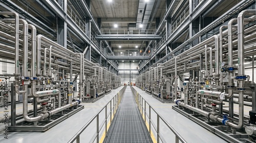 Modern Industrial Factory Interior with Pipes and Machinery.