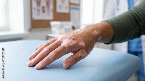 Senior patient hand resting on medical examination table.