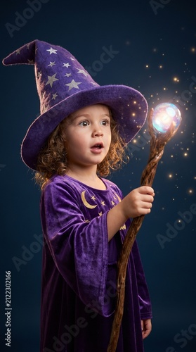 Adorable Little Girl in a Purple Wizard Costume Holding a Magical Glowing Staff, Childhood Fantasy and Imagination Concept