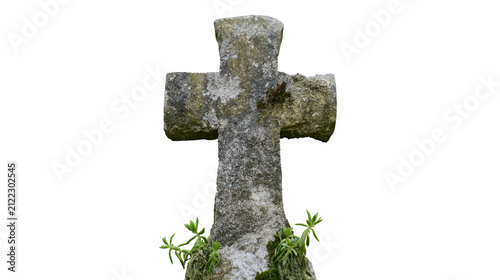Weathered stone Celtic cross with moss and small green plants, isolated on transparent background