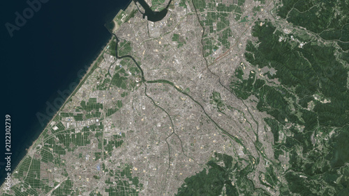 Top-down aerial 3D illustration of Kanazawa, Japan