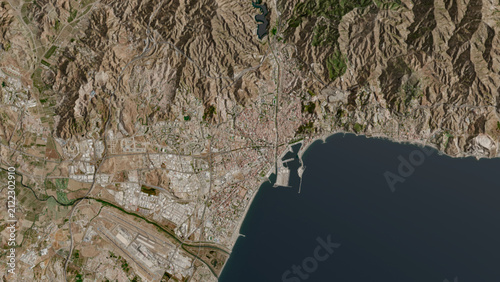 Top-down aerial 3D illustration of Málaga, Spain