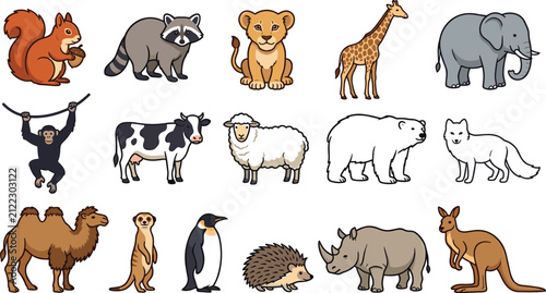 Photography Cute Cartoon Wild and Farm Animals Collection Featuring Lion Cub Elephant Giraff