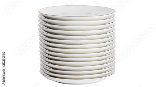 Stack of clean white ceramic dinner plates with thin gold rim, isolated on transparent background