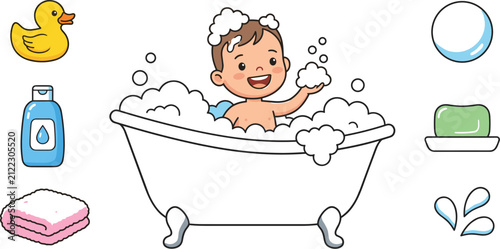 Fotografie Cute Baby Bath Time Illustration Set with Toddler in Clawfoot Tub Soap Foam Bubb