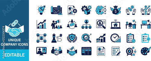Unique Company Icon Set Featuring Business Growth Teamwork Strategy Leadership And Corporate Management Symbols Together Now