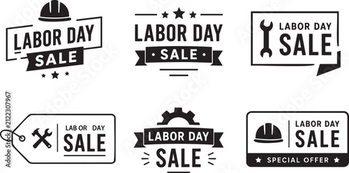 Labor Day Sale Badge Collection with Discount Labels and Worker Symbols